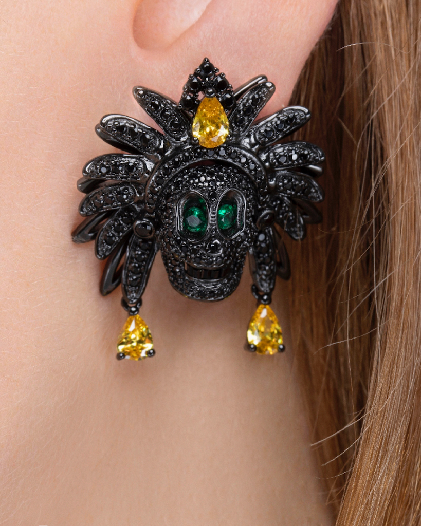 modular skull earrings with gemstone