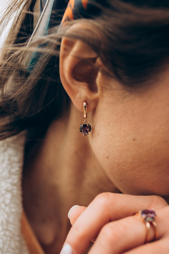 amethyst and red cognac diamonds, solid gold earrings